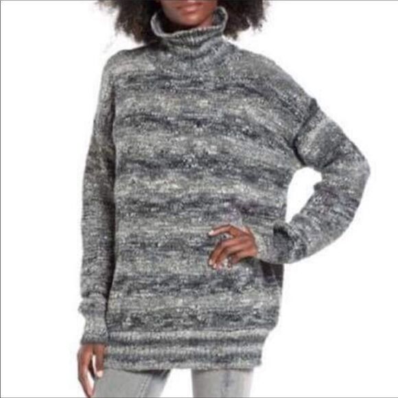 Leith Gray Marled Chunky Oversized Marled Stripe Turtleneck Knit - Picture 1 of 9